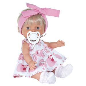 3000U Baby´s Display pelo corto, rubia, lazo rosa, vestido blanco y rosa