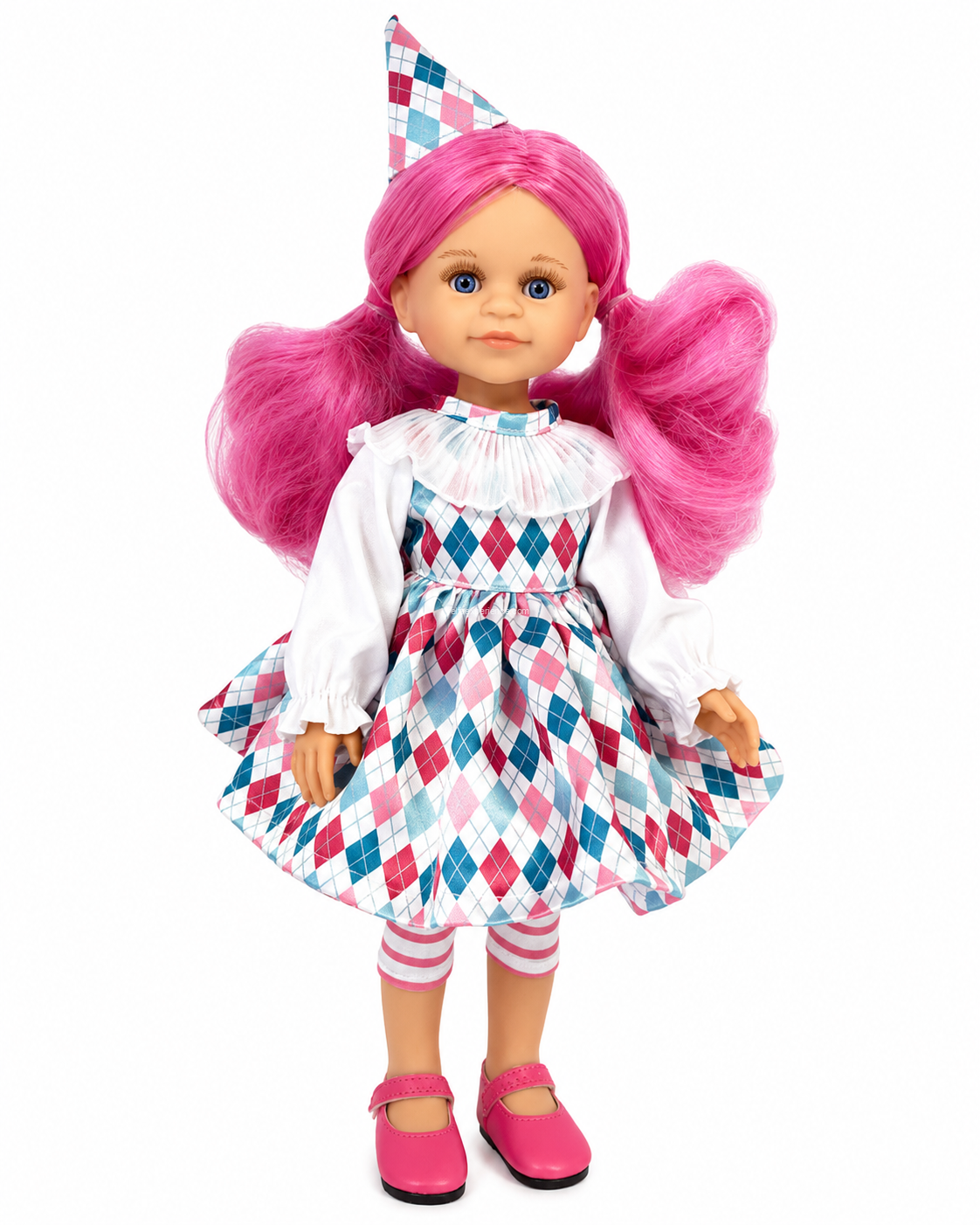 04715 Cleo Arlequina Pelo Rosa 32 cm – Muñeca Amigas Paola Reina Edición Limitada