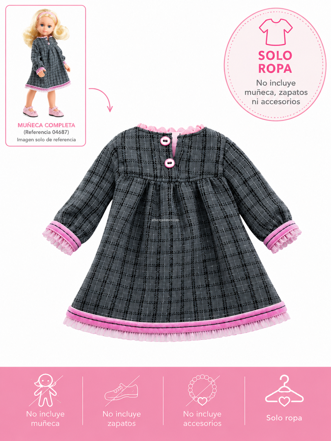 54687 Vestido Gris con Detalles Rosa para Muñecas 32 cm – Paola Reina